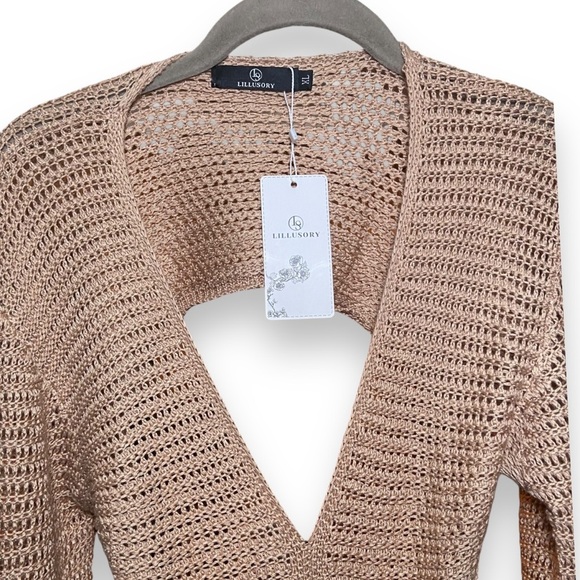 NWT Crochet Long Sleeve Side Cutouts Mini Dress Swim Cover Up Tan XL Large - Picture 2 of 5